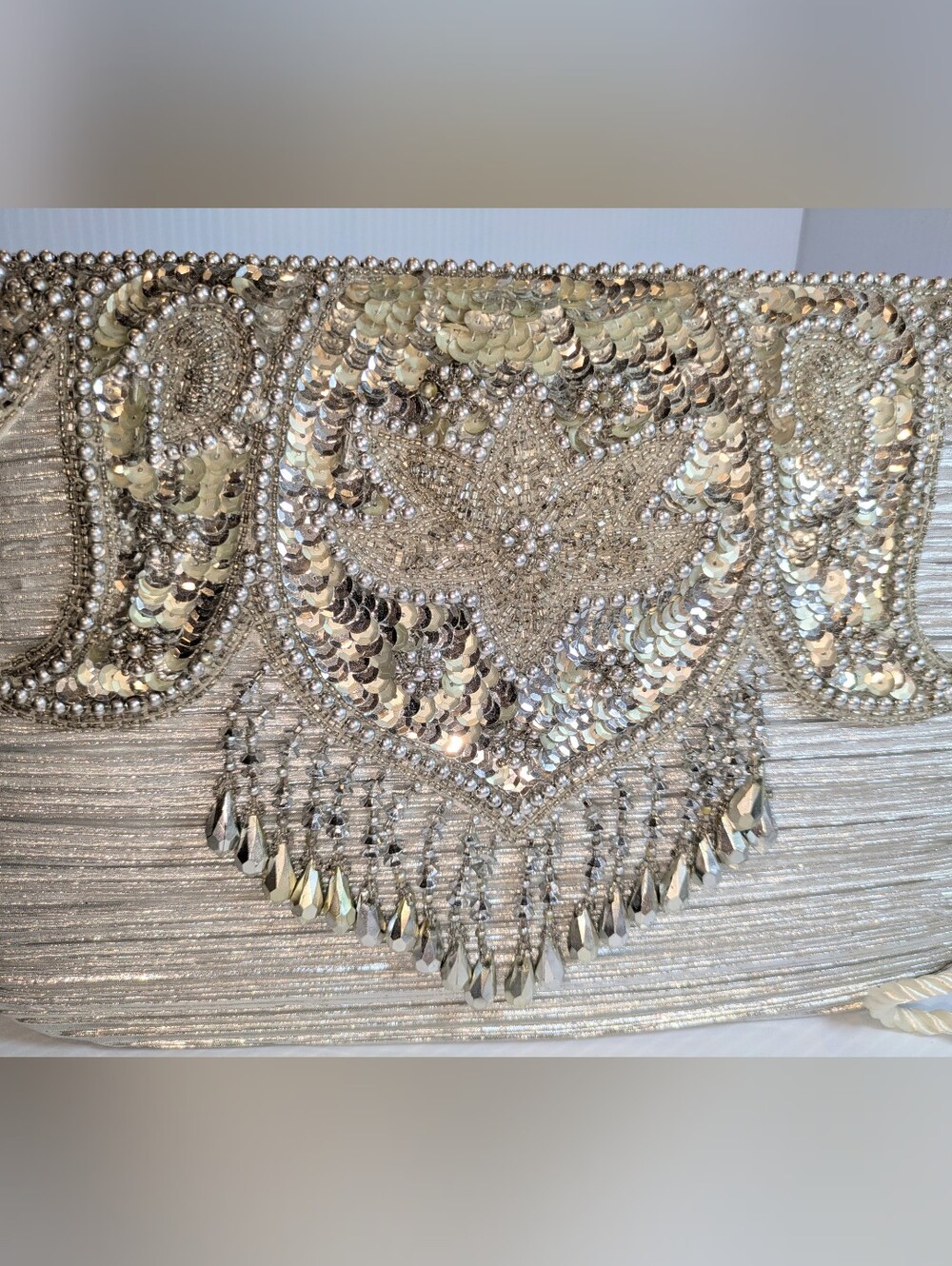 Whittall & Shon Silver Beaded Sequin Evening Clutch Crossbody Purse Vintage Glam